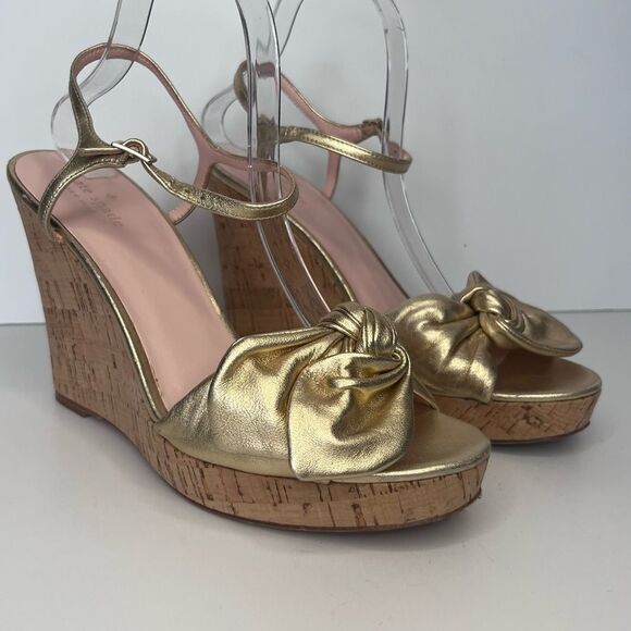 Kate Spade Janae Gold Bow Cork Wedge Sandal Size 10 - Picture 1 of 11